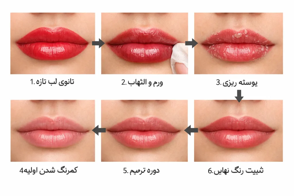 روند ترمیم رنگ تاتو رو لب